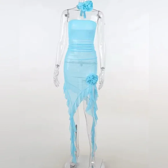 Strapless Blue Dress with Floral Detail and Chocker - Picture 2 of 11